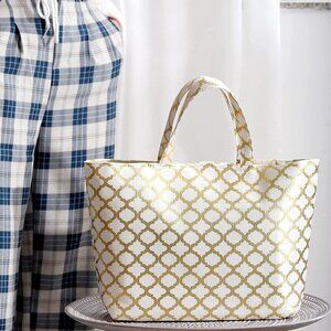 Spa Luxetique Tote in Cream and Gold Moroccan Pattern Bag Only NWOT